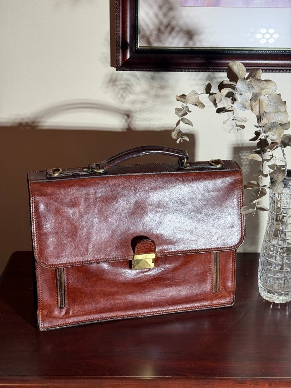 OLD ANGLER Cognac Italian Leather Brown Men's Flap Over Briefcase Made in Italy